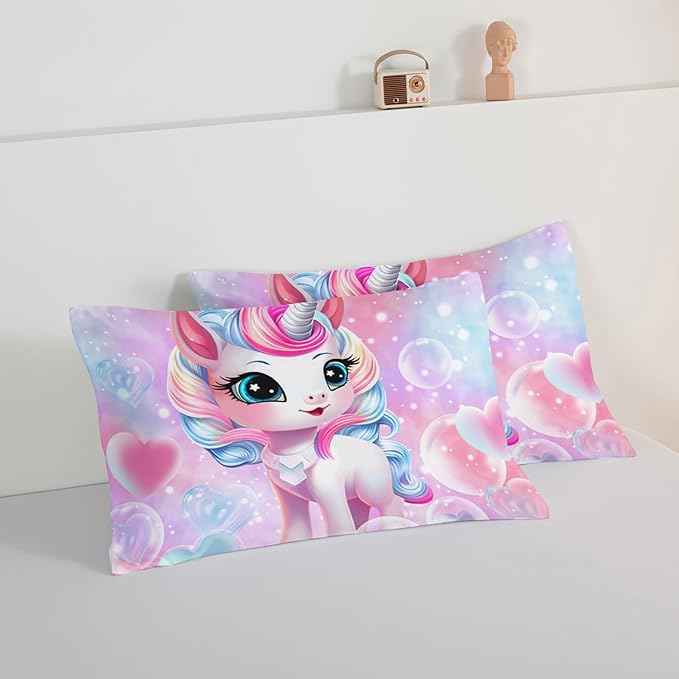 HOSIMA Unicorn Bedding Sets for Girls Teens,Cartoon Kawaii Unicorn Comforter Bubble and Love Heart Bedding Set,Fantasy Unicorn Bedroom Decor for Girls Pink Purple Queen Comforter Set.