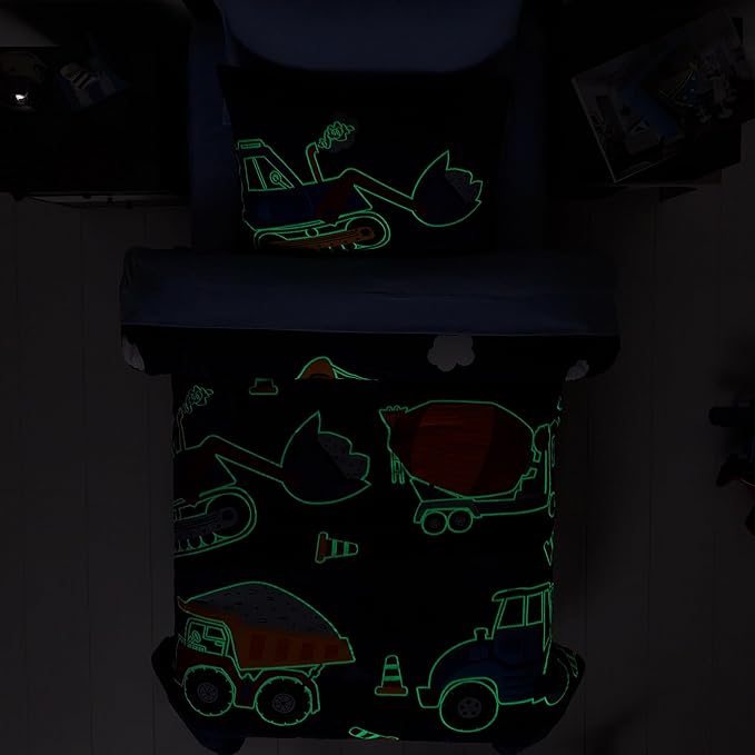 Truck Tractor Excavator Twin Comforter Set with Sheets - 5 Pieces Kids Twin Bedding Sets for Boys, Glow in The Dark Construction Trucks Twin Bed in a Bag for Kids, Teens
