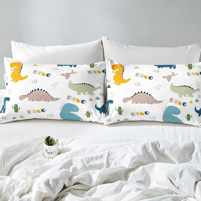 Feelyou Cute Dinosaur Comforter Set Cartoon Cactus Bedding Set Decor Jungle Dino Boho Succulent Comforter Wild Animal Pattern Yellow Grey Duvet Set Bedroom Quilt Set 3Pcs Full