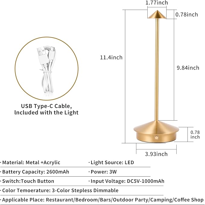 Rechargeable Battery Operated Desk Lamp with Touch Sensor Cordless Portable LED Table Lamp， Three-Level Dimmable Suitable for Bars/Cafes/Restaurants/Bedrooms/Camping Sites (Gold)