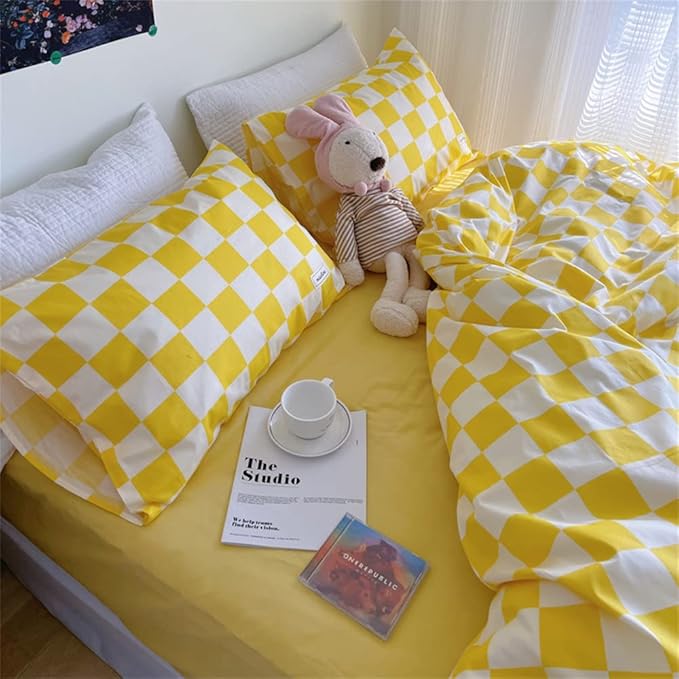 Wellboo Yellow and White Comforter Sets Full Women Men Bright Yellow Checkerboard Grid Bedding Comforters Cotton Boys Girls Modern Light Yellow Checkered Geometric Quilts Luxury Elegant Yellow Bed