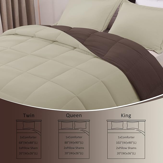 Basic Beyond Queen Comforter Set - Fluffy Comforter Queen Set for All Seasons - Reversible Comforter Set Queen Size for Mens - 3 Pieces (1 Comforter + 2 Pillow Shams) - Brown/Ivory