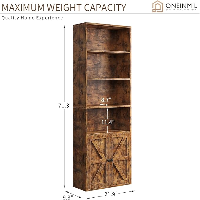 oneinmil 6 Tier Bookcase, Wooden Bookshelves with Cabinet Doors, Floor Bookshelf and Office Storage Cabinets for Home Office, Living Room,Brown