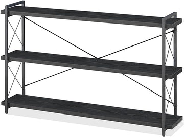 HCHQHS Bookshelf, 3-Tier Long Industrial Bookcase, Black Open Book Shelf, Freestanding Horizontal Bookshelves with Metal Frame