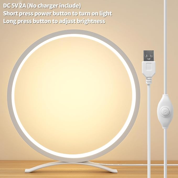 Desk Lamp,Metal Circle Ring Table Lamps Bedside Lamp for Nightstand, Modern Minimalist Lamps/Led Warm Light for Bedroom/Living Room,10 Inch