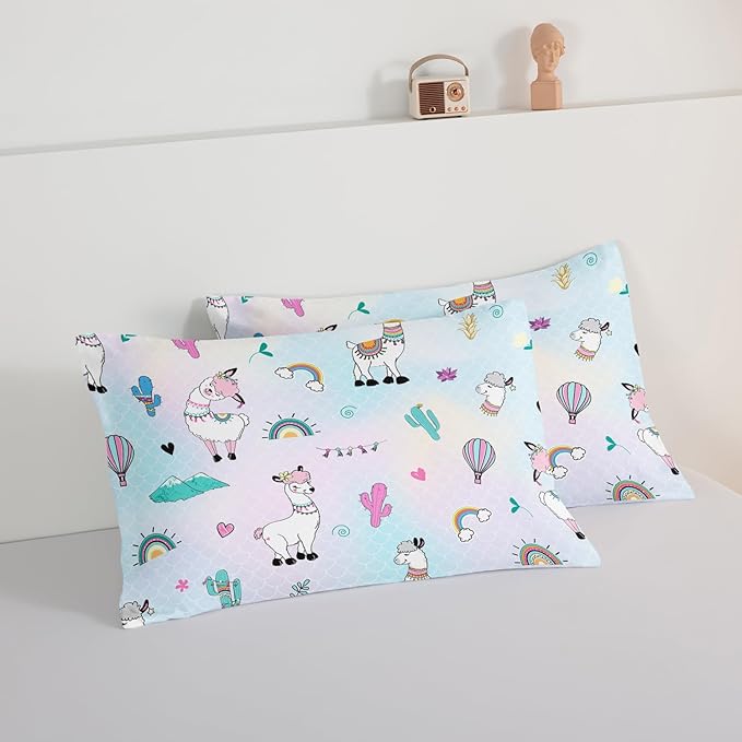 HOSIMA 3 Piece Cartoon Animal Llama Comforter,Cute Alpaca Toddler Comforter,Desert Cactus Plant Full Size Bed in a Bag Set for Adults Kids,Fish Scales Comforter Rainbow Bedding Sets for Girls Boys.
