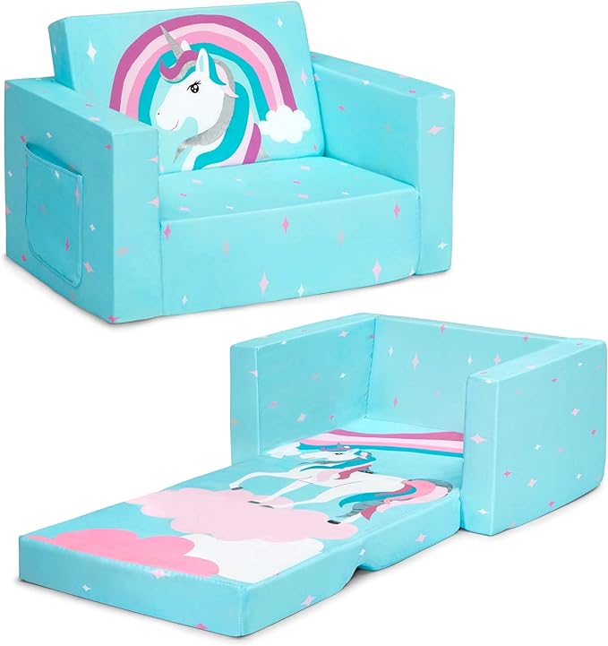 Delta Children Cozee 2-in-1 Convertible Sofa to Lounger For Bedroom - Lightweight,Portable Comfy Flip Open Couch/Sleeper for Kids, Blue Unicorn