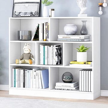 IOTXY Open Shelf Low Bookcase - Wooden 3-Tier Floor Standing Display Cabinet Organizer with Base, 7 Cubes Short Horizontal Bookshelf in Warm White