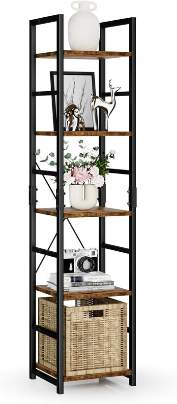 NUMENN 5 Tier Slim Bookshelf, Tall Bookcase Shelf Storage Organizer, Modern Book Shelf for Bedroom, Living Room and Home Office, Vintage