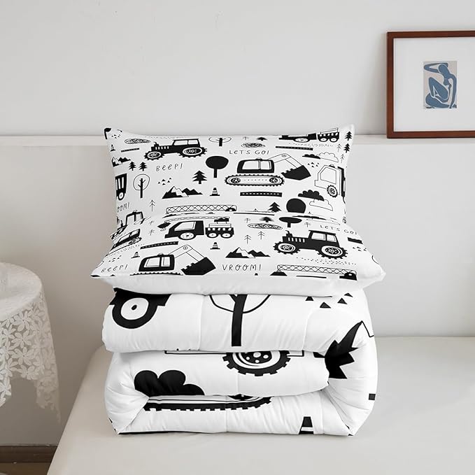 Feelyou Construction Bedding Set Queen Size Equipment Trucks Comforter Set for Kids Boys Girls Decor Cartoon Car Excavator Tractor Comforter Black White Duvet Set Bedroom Quilt Set
