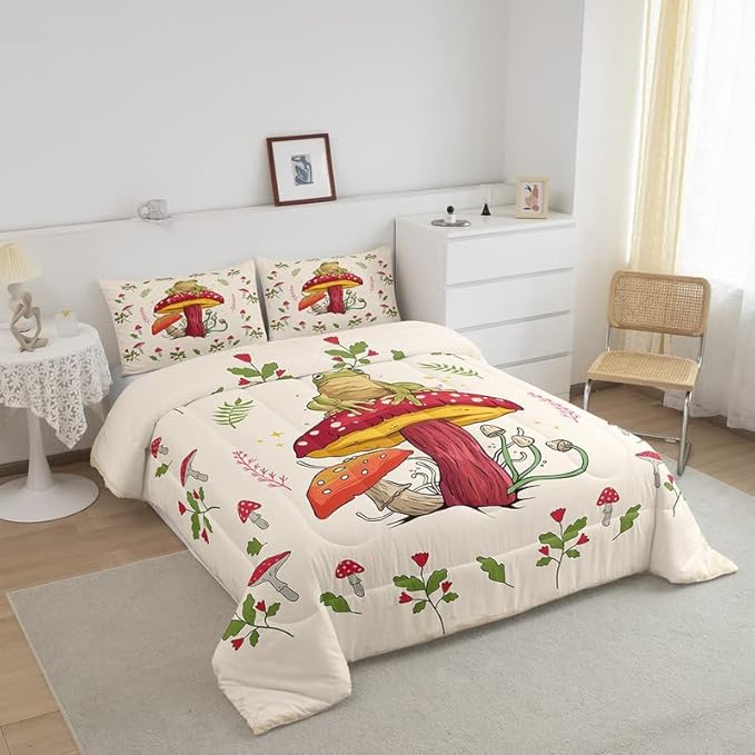 Feelyou Frog Print Bedding Set Kids Kawaii Decor Comforter Set Frog Mushrooms Comforter Cover Set for Room Decor Botanica Cute Mushroom Decor Beige Red Duvet Set Twin Size 2Pcs Quilt Set