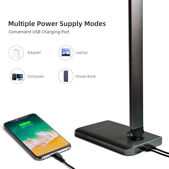 LED Desk Lamp, 5 Levels Dimmable Table Lamp Reading Lamp with USB Charging Port, 5 Lighting Modes, 30 Minutes Auto-Off Timer, Study Lamp, Eye-Caring Office Lamp with Night Light