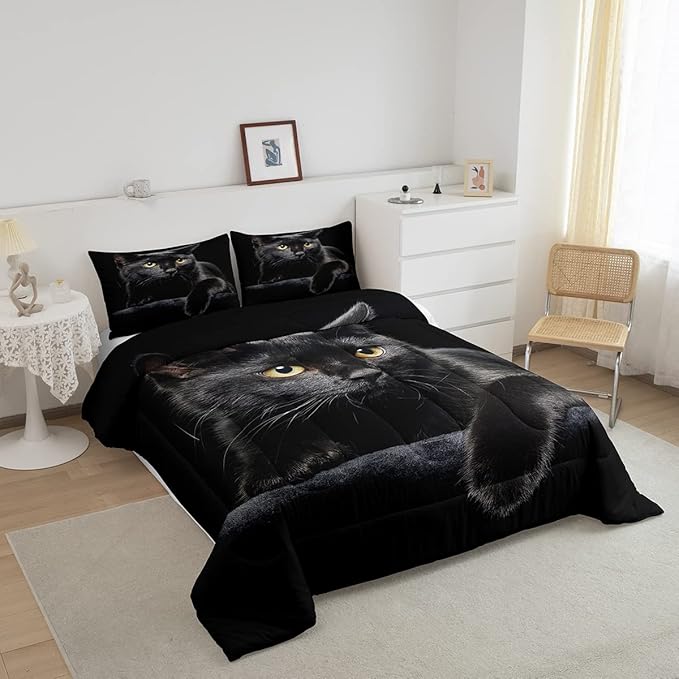 Erosebridal Black Cat Comforter Set Full 3D Cat Duvet Insert for Kids Girls Boys Cat Lover Cute Farmhouse Domestic Pet Animal Bedding Set Cute Cat Down Comforter Soft Warm Quilt Set Bedroom Decor