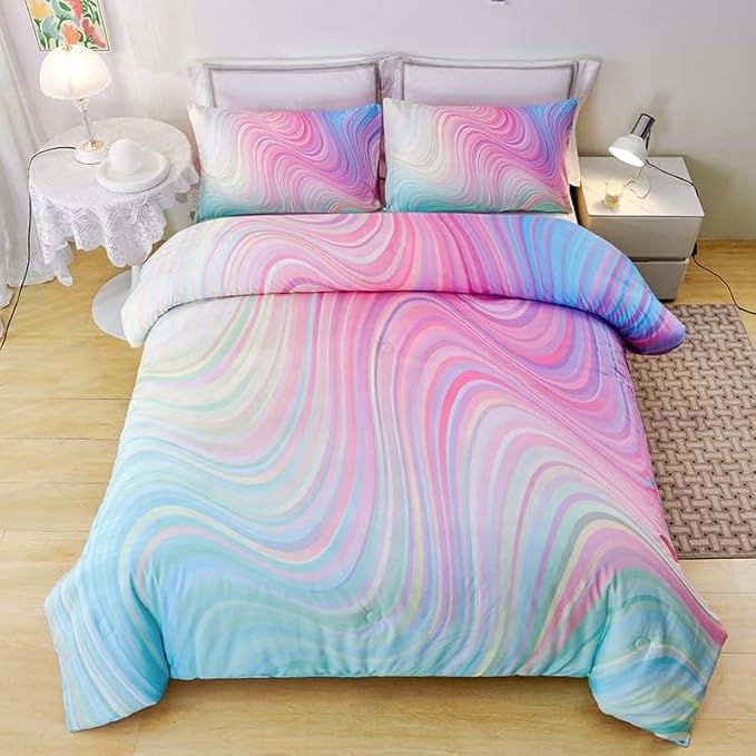 Girls Pink Comforter Twin,Pink Bedding Set for Girls,Tie Dye Comforter Set,Kids Comforter Set for Girls,Blue Pink Teen Comforter Twin with 2 Pink Pillowcases,Rainbow Comforter Set