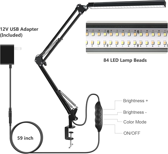 ODOM Swing Arm Led Desk Lamp with Clamp, 3 Color Modes 6 Brightness & Stepless Dimming Eye-Caring, 360 Degree Flexible Desk Lamps for Home Office, with 12V AC/DC Adapter