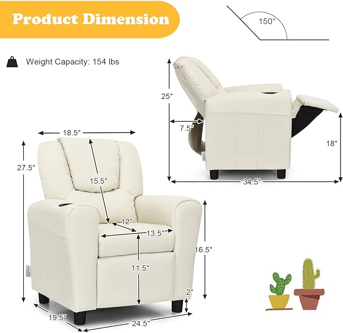 ARLIME Kids Recliner chair, toddler Armchair Upholstered Couch with Cup Holder, Backrest, baby Leather sofa with Headrest and Footrest, Child Furniture for Ages 2-7 (Beige)