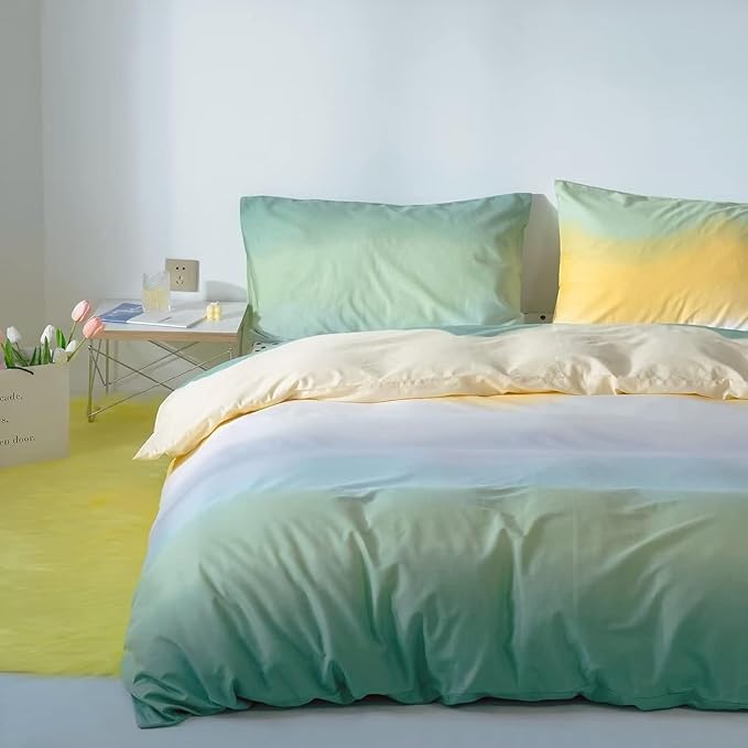 Green Gradient Comforter Set Full Sage Green and Yellow Rainbow Bedding Comforter Set Multicolor Yellow Light Green Bedding Set Cotton Blanket Quilts Rainbow Color Comforter Set for Full Bed