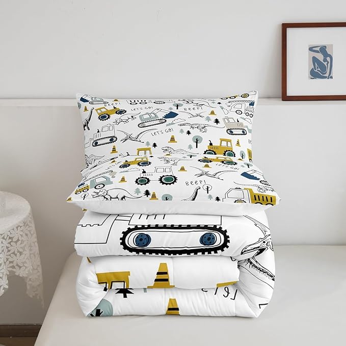 Feelyou Construction Comforter Set King Size Kids Cartoon Car Excavator Tractor Toddler Comforter Equipment Trucks Dinosaur Comforter Set Construction Vehicles White Yellow Duvet Set Quilt Set