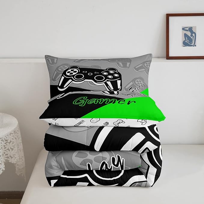 Feelyou Gamer Comforter Set Gaming Bedding Set for Teens Boys Video Game Decor Comforter Game Controller Quilted Duvet Set 1 Comforter with 2 Pillowcases King Green