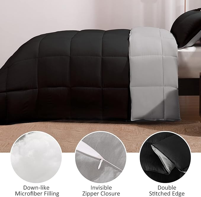 Basic Beyond King Size Comforter Set - Fluffy King Bed Comforter Set for All Seasons - Reversible Black and Grey King Comforter Set - 3 Pieces (1 Comforter + 2 Pillow Shams)