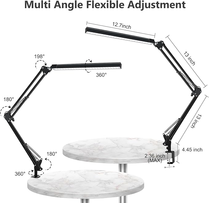 ODOM Adjustable Swing Arm Desk Lamps with Clamp, Upgraded 3 Color Modes 6 Brightness Stepless Dimming, Eye-Caring Memory Function Led Table Light for Home Office Reading Nail Desk, Black, 12W Adapter
