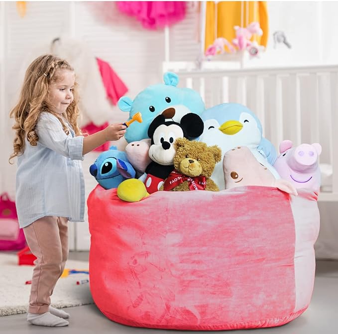 Bean Bag Chair Cover, Stuffed Animal Storage, Plush Toys Organizer Holder, Beanbag Chairs Cover for Kids Teans and Adults Super Soft and Comfortable Fabric X-Large with Handle and Zipper -Round Pink