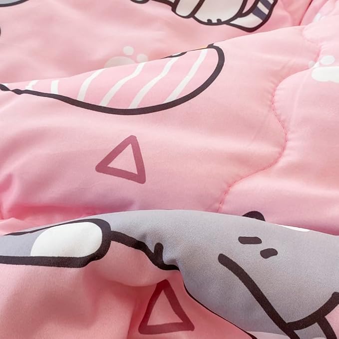 7 Piece Girls Cat Comforter Set Queen Size Bed in A Bag Pink Cute Cartoon Pet Cats Bedding Set for Kids Boys Teens (1 Comforter, 1 Flat Sheet, 1 Fitted Sheet, 4 Pillow Sham) Gray