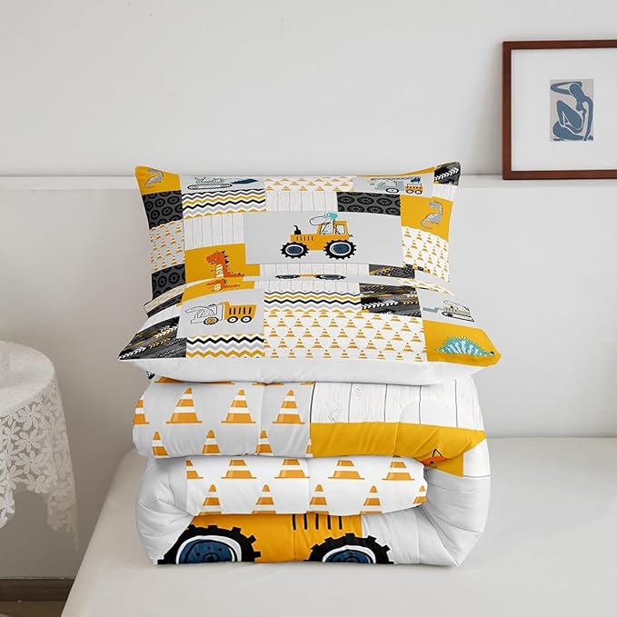 Construction Comforter Set Full Size Kids Cartoon Car Excavator Tractor Toddler Comforter Equipment Trucks Plaid Grid Yellow Comforter Set Construction Vehicles Duvet Set Quilt Set