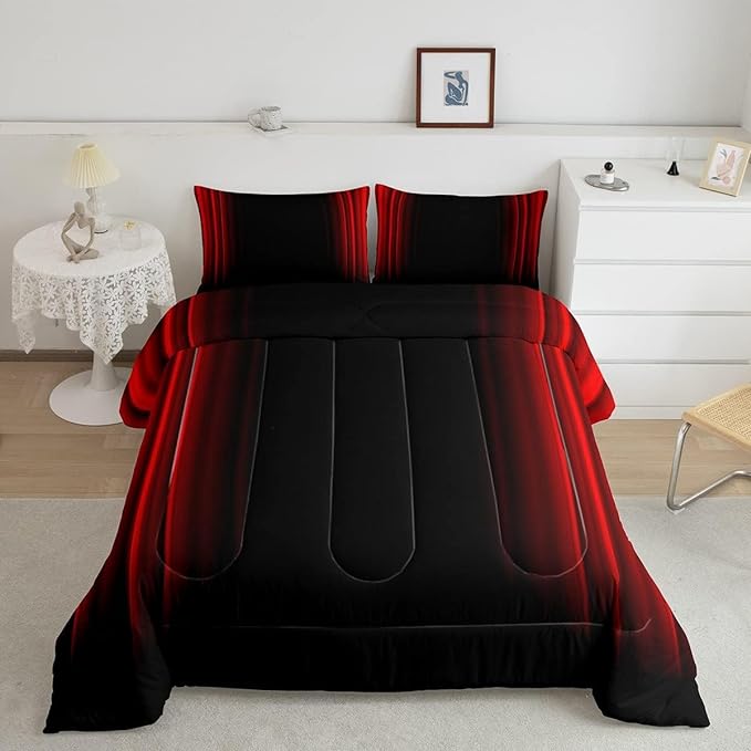 Feelyou Abstract Ombre Women Comforter Set Kids Teens Red and Black Bedding Set Room Decor 3Pcs King Size
