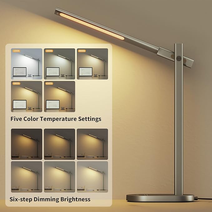 ProtoArc Modern Desk Lamp, Metal Aluminum Alloy Dimmable LED Desk Light with USB Charging Port, Eye-Caring Table Light, Touch Control, 5 Color Modes, 6 Brightness Levels, Timer for Home Office Bedroom