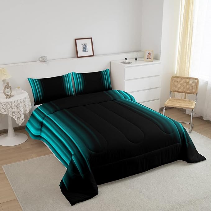 Geometric Abstract Ombre Comforter Set Kids Teens Teal and Black Striped Bedding Bed Set Decor Modern Fashion Comforter Inner Fill Bedroom Collection 3Pcs King Size