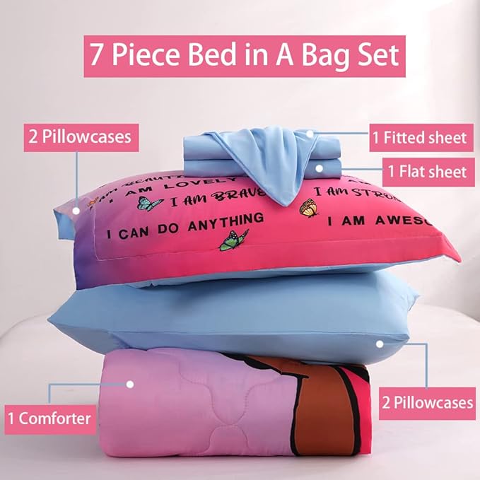 7 Piece Black Girls Magic Comforter Set Twin Size African American Girl Bedding Sets Bed in A Bag for Kids Teens Inspirational Quotes Pink Blue Quilt Room Decor