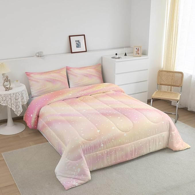 Girls Pastel Bedding for Kids Toddlers, Glitter Galaxy Space Bedding Comforter Sets Gradient Sparkle Comforter Set for Boys Girls Bedroom, Tie Dye Pastel Bedroom Decor 3 Pcs, Full ( Pink Yellow)