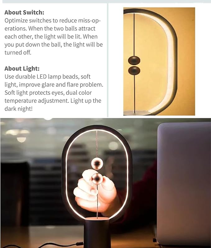 Small Table Lamp - Mini Balance Lamp,Birthday Gifts, Bedside Lamp, Nightstand Lamp,Plug in Night Light,Magnetic Lamp for Home,Office,College Dorm (Black Color)