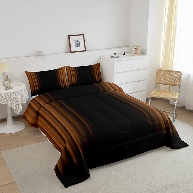 Feelyou Abstract Ombre Comforter Set Kids Teens Brown Black Bedding Set Room Decor 3Pcs Queen Size,Reversible Black Boys