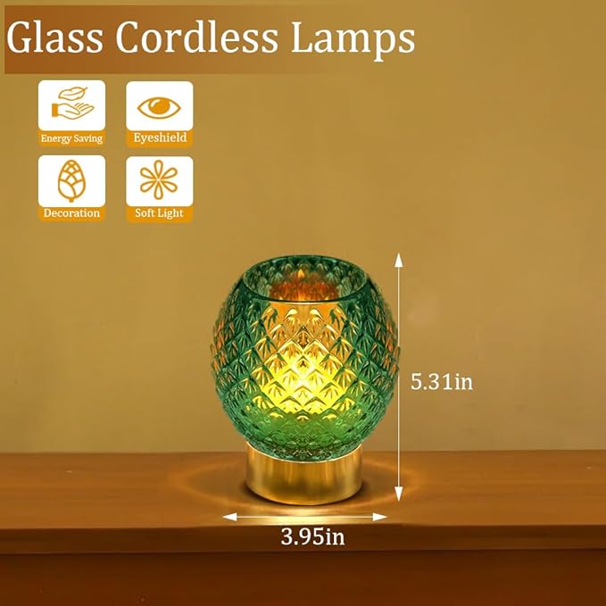 Battery Operated Lamp with Timer,Glass Cordless Lamps with LED Bulb,Decorative Lights for Living Room Bedroom Tabletop Entryway Centerpiece Gift (Green)
