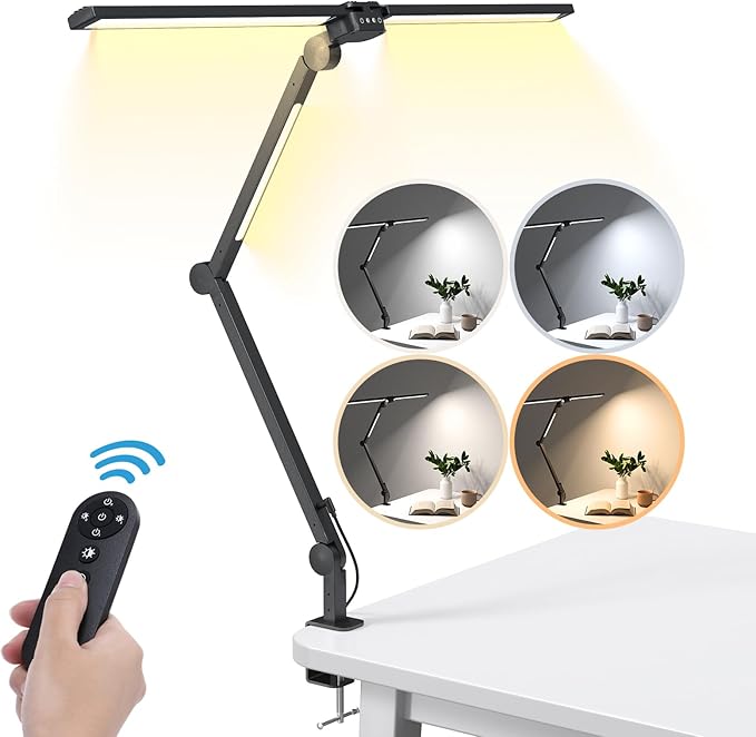 LED Desk Lamp, Flexible Desk Light with Clamp, Dual Light 25 Lighting Eye-Caring Modes Table Lamp with Solid Base, Eye-Caring Desk Lamp with Remote Control,Reading Desk Lamps for Home Office