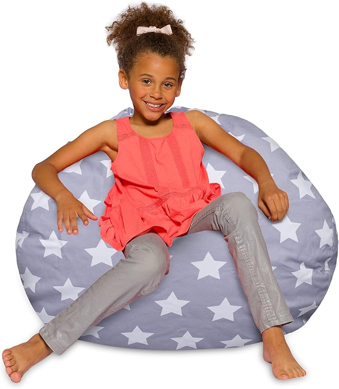 Posh Creations Bean Bag Chair for Kids, Teens, and Adults Includes Removable and Machine Washable Cover, Canvas White Stars on Gray, 38in - Large