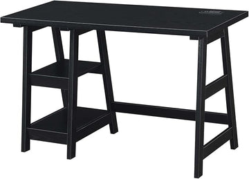 Convenience Concepts Designs2Go Trestle Desk with Charging Station and Shelves, Black