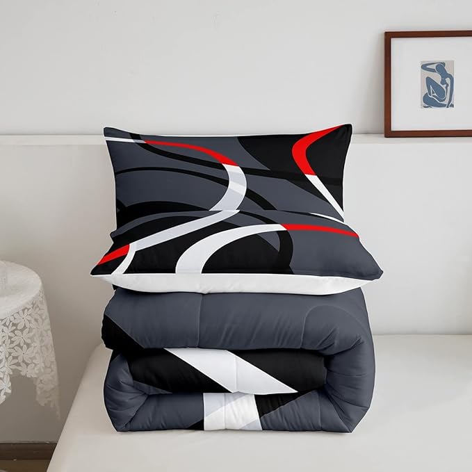 Feelyou Geometric Circle Comforter Set Red Grey and Black Comforter for Kids Boys Girls Teens Geometry Bedding Set Breathable Abstract Art Duvet Set Modern Luxury Room Decor Quilt Set King Size