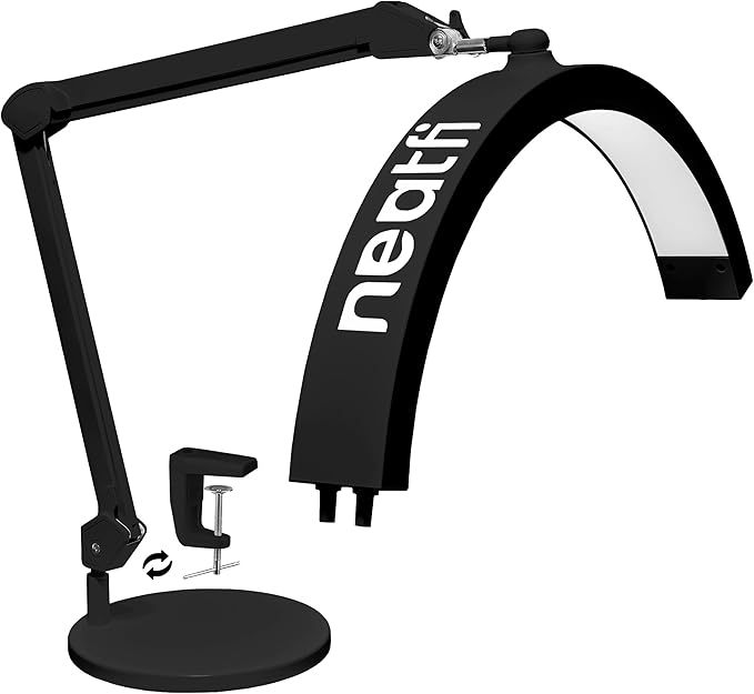 Neatfi Half Moon Swing Arm Table Lamp, 2500 Lumens, CCT Dimming, 5 Light Modes, Professional LED Lighting for Estheticians, Ideal for Nail Art, Facials, and Tattoos (with Base and Clamp, Black)