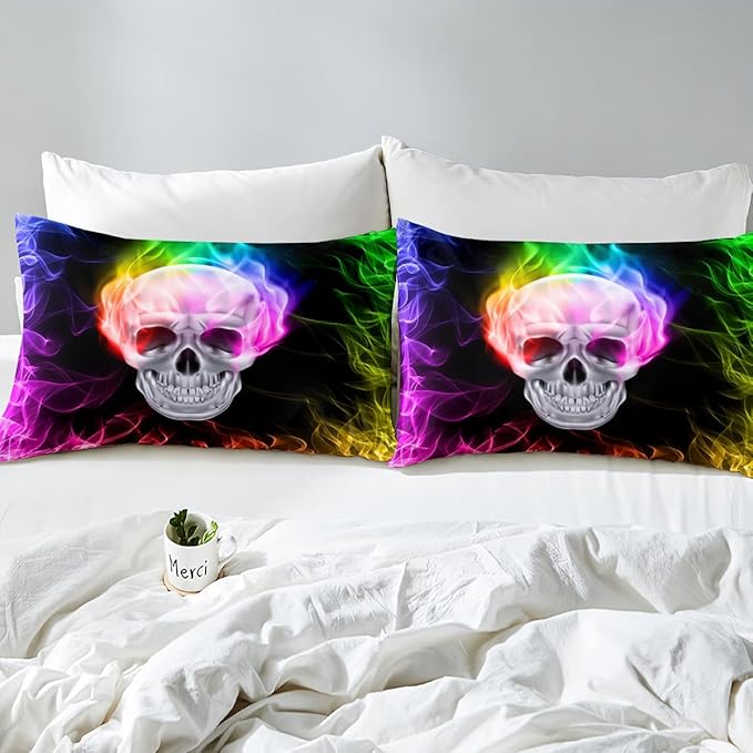 Erosebridal Skull Comforter Set, Skeleton Bones Bedding Set Full Size Halloween Horror Gold Flame Duvet Sets for Kids Teens Adult Bedroom Decor, Gothic Spooky Bedding Comforters, Warmth Soft