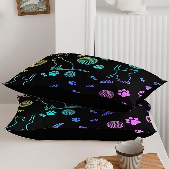 Black Cat Bedding Cartoon Cat Comforter Set Full,Neon Cat Paw Ball of Yarn Printed Kids Bedding for Cat Lover Boys Girls Adults Room Decor,Kids Comforter,1 Quilt 2 Pillow Cases,Neon Color Purple Blue