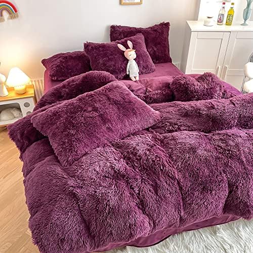 Faux Fur Kids Girls Grape Purple Comforter Sets King - 3PC Bed Set Warm Comfortable Soft Plush Flannel Velvet Fluffy Fuzzy Bedding（Comforter x 1 Pillowcases x 2）