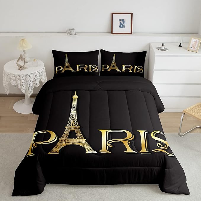 Erosebridal Eiffel Tower Comforter Set, City Building of Paris Bedding Set Full Size, Gold Black Duvet Sets for Kids Boys Girls Teens Bedroom, Soft Microfiber Bedding Comforters with 2 Pillow Cases