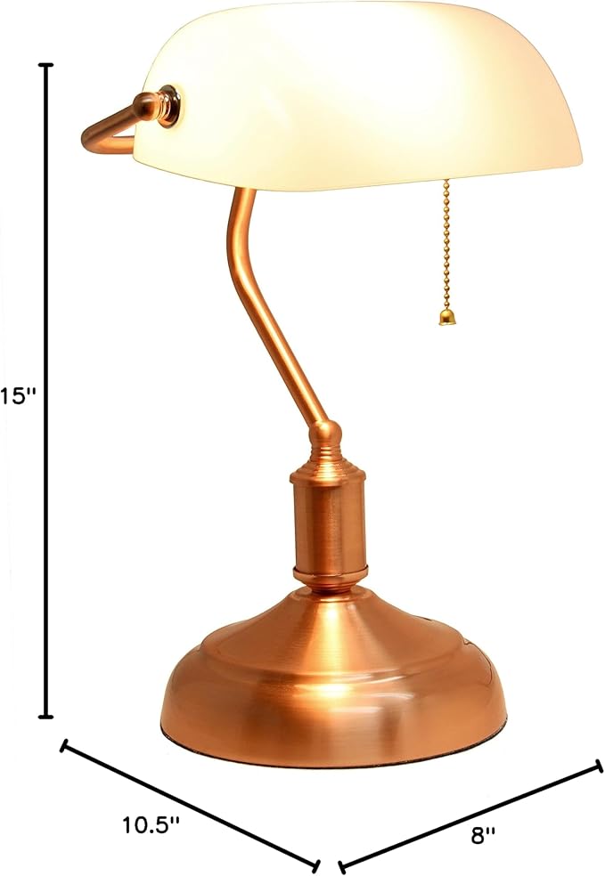 Simple Designs LT3216-RGD Executive Banker's Desk Lamp with White Glass Shade, Rose Gold