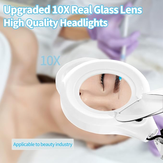 10X Magnifying Lamp with Clamp, 2200 LM Super Bright and Stepless Dimming Magnifying Glass with Light, Real Glass Lens Lighted Magnifier Lamp for Close Work, Crafts, Reading, Repair -White