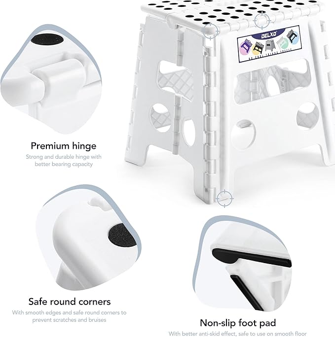 Delxo 13" Folding Step Stool for Kids and Adults, Non-Slip Foldable Step Stools with Handle,Plastic Portable Folding Stool for Bathroom,Bedroom,Kitchen,Hold up to 300lbs White