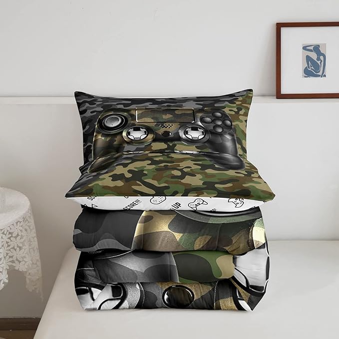 Kids Gamer Comforter Set Camouflage Gaming Bedding Set for Boys Teens Bedroom Green Black Camo Video Game Decor Comforter Gamer Console Quilt Set Full Size Duvet Quilted 3Pcs