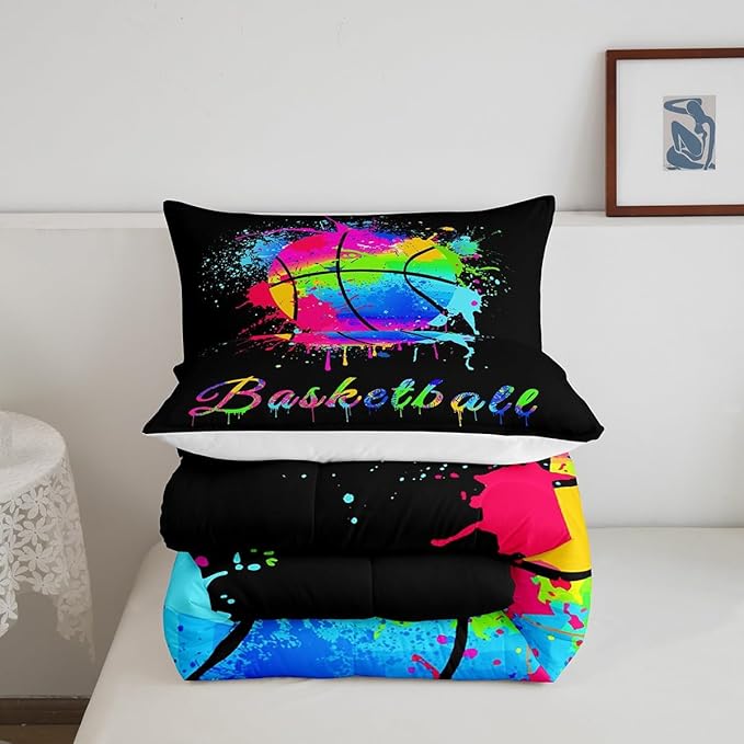 Feelyou Kids Basketball Comforter Set Twin Size Gaming Sports Bedding Set for Boys Girls Teens Bedroom Decor Ball Games Tie Dye Comforter Gift for Basketball Lover Duvet Set with 1 Pillow Case